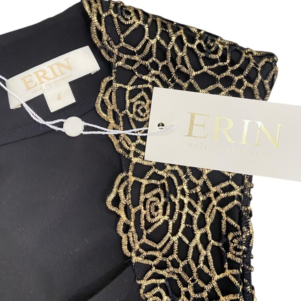 NWT Erin black & gold rosette embroidery fitted short sleeve pint dress size 4 - Picture 10 of 12